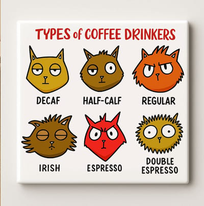 Soorten Koffiedrinkers Tegel – 15x15cm Grappige Katten Koffie Keramische Wanddecoratie | Perfect Cadeau voor Koffieliefhebbers & Keukendecoratie