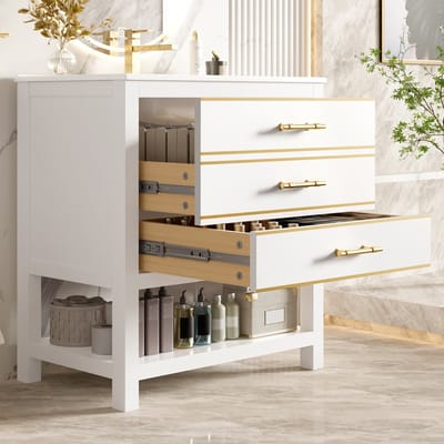 MODENUIT Badkamermeubel Met Wastafel - 2 Laden En Open Vak Voor Badkamer - MDF En Keramiek - 76 cm - Wit Goud