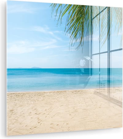 MuchoWow® Glasschilderij 90x90 cm - Schilderij acrylglas - Strand - Tropisch - Palm - Foto op glas - Muurdecoratie woonkamer - Wanddecoratie slaapkamer - Schilderijen