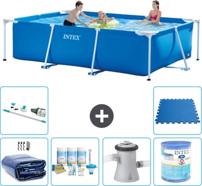 Intex Rechthoekig Frame Zwembad - 300 x 200 x 75 cm - Blauw - Inclusief Solarzeil - Onderhoudspakket - Zwembadfilterpomp - Filter - Stofzuiger - Vloertegels - 7-delig