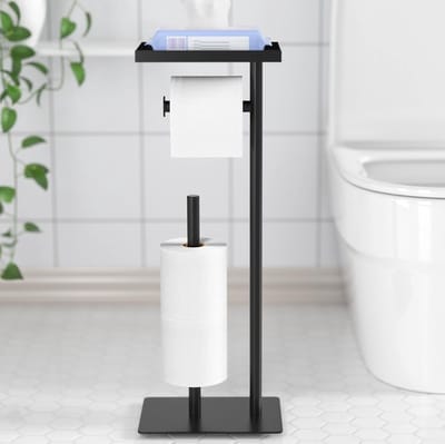 Vrijstaande toiletpapierhouder met opbergcompartiment, zwarte toiletpapierstandaard voor 4 reserve rollen en extra opslagruimte