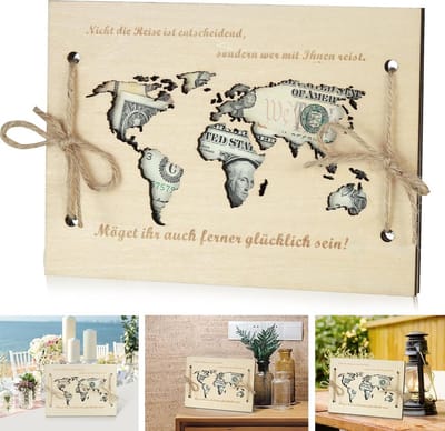 Dailygoods- Bruiloftskaart Houten Wereldkaart - Geldcadeau - Gepersonaliseerd Huwelijksgeschenk - Creatieve Verpakking - Natuurlijke Houtkleur - Afmetingen 205 x 150 x 10 mm - Geldgeschenk