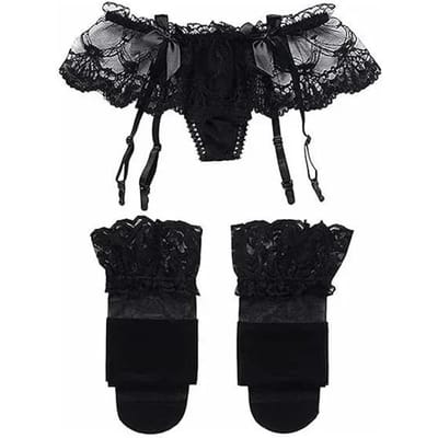 Dames Kant Jarretelgordel En Kousen Set Jacquard Jarretels Slipje Satijnen Strik Minirok Kousen Net Lingerie Panty's gray