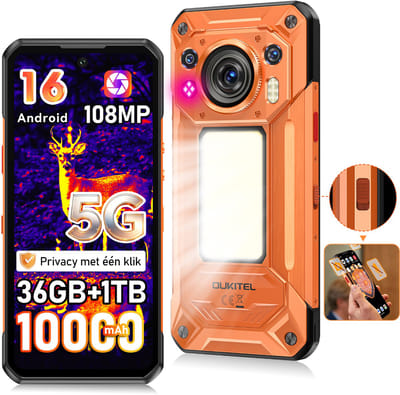 Robuuste smartphone - OUKITEL WP500 Ultra - 6,78'' FHD+ scherm - 32GB RAM - 1TB ROM - 10000 mAh 45W - 5G Dual SIM - warmtebeeldcamera - NFC GPS 2026 nieuw - Oranje