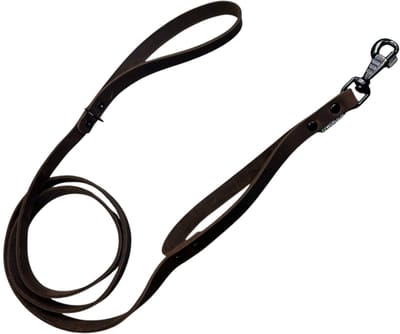 K9World by van der Veeke, Leren Hondenriem met Dubbel Handvat – Donker Bruin leer - 180 cm x 18 mm – Extra Controle – Sterke Zwarte Musketonhaak – ME Lijn