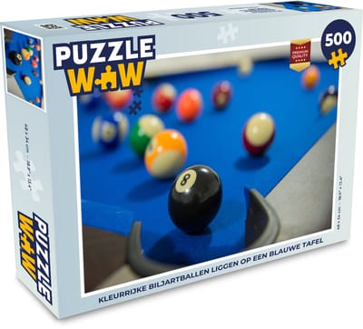 Puzzel Kleurrijke biljartballen liggen op een blauwe tafel - Legpuzzel - Puzzel 500 stukjes