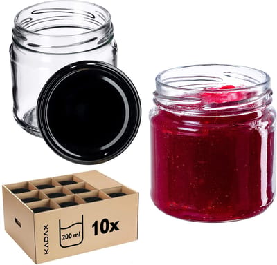 KADAX Kleine Inmaakpotten, 200 ml, Diameter 66 mm, Voor Honing en Specerijen, Luchtdicht, Weckpotten, Rond (10 Stuks, Zwart)