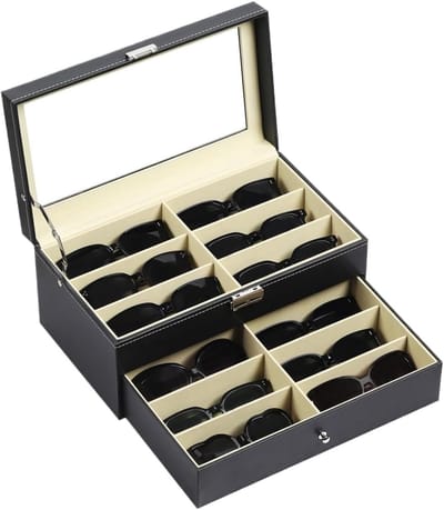 Brillendoos Opberger - Zonnebril Houder - Veilige Opslag - 12 Vakken - 33.5 cm Lengte - Zwart Groen