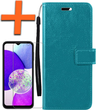 Hoes - Met Screenprotector - Geschikt voor Samsung Galaxy A14 - Luxe Pasjeshouder - Bookcase Portemonee - Flip Case - Kunstleer Book Case - Flipcase - Book Cover - Walletcase - PortemonneeHoes - Turquoise