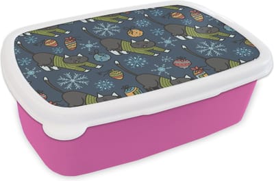 Broodtrommel Roze - Lunchbox - Brooddoos - Katten - Sneeuw - Kerstbal - Patronen - 18x12x6 cm - Kinderen - Meisje
