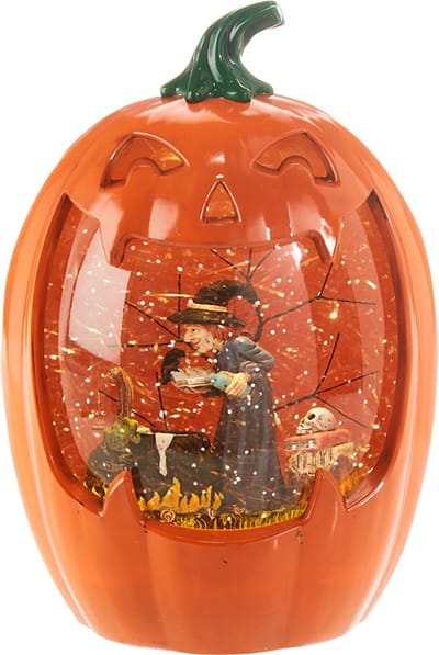 Viv! Christmas Halloween Sneeuwbol incl. LED - Brouwende Heks in Pompoen - automatisch - oranje - 21,5cm
