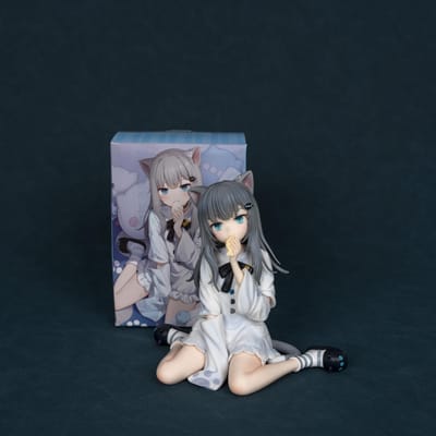 Nachoneko Zittend Anime Kattenmeisje Figuur Schattig Kattenoor Grijs Haar Vis Eten PVC Verzamelbaar Figuur Bureaublad Ornament Voor Anime Fans gray
