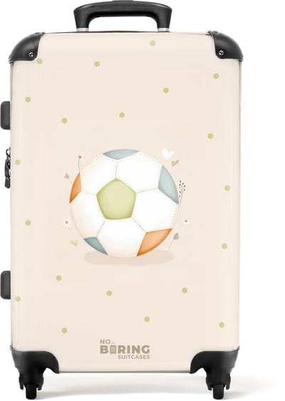NoBoringSuitcases.com® - Kinderkoffer - Kindertrolley jongen en meisje - Voetbal in beige pastel kleuren - Koffer kind groot - Rolkoffer lichtgewicht - Reiskoffer met 4 wielen - Grote trolley XL - 20 kg bagage
