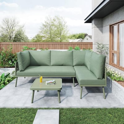 Tuin Loungeset L-vorm 120x120x72 cm met Kussens, IJzeren Frame, Glazen Tafel en Verstelbare Poten – Groen – 2-Delige Hoekbank + Tafel – Laura