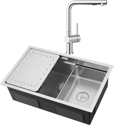 CECIPA max Spoelbak Keuken 70x44CM - Multifunctionele Spoelbak Met Uittrekbare Uitloop Keukenkraan - 2 Spoelbakken Keuken Met Snijplank - Spoelbakken met afdruip - RVS Gootsteen