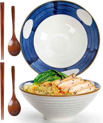Set van 2 Keramische Ramen Schalen met Lepel en Eetstokjes - Vintage Soep- en Saladeschalen van 1200ml voor Ontbijt en Diner