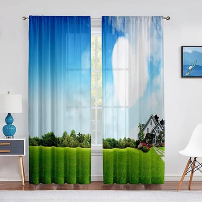 Rivier Berg Lucht Landschap Zon Wolken Tule Gordijnen voor Keuken Slaapkamer Raam Woonkamer Transparante Voile Gordijnen Organza Draperieën 1 PCS W100XH250cm&Grommet Top