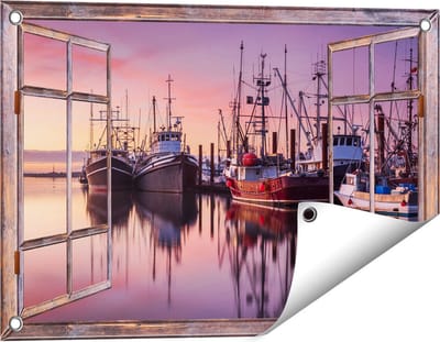 Gards Tuinposter Doorkijk Schepen in de Haven - Boten - 60x40 cm - Tuindoek - Tuindecoratie - Wanddecoratie buiten - Tuinschilderij