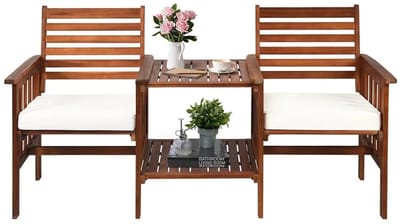 RosaBloom Tuinset - Tete A Tete - Buitenbank met Tafel - Inclusief Kussens - Met Parasolgat - Duurzaam Acaciahout - 165x65x88 cm - Bruin