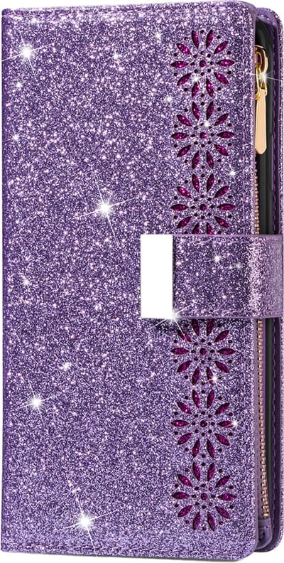 Hoesje geschikt voor iPhone 16 - Bookcase - Koord - Pasjeshouder - Portemonnee - Glitter - Bloemenpatroon - Kunstleer - Paars