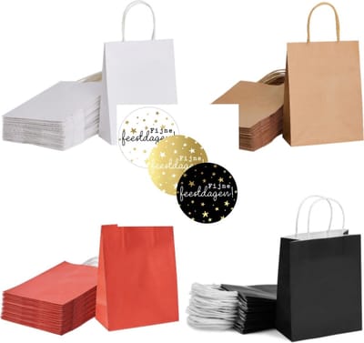 50 x kleine papieren cadeautasjes 18x8x22 cm rood bruin wit zwart + stickers « Fijne feestdagen » Kersttassen met handvat Kersttasje Kerst verpakking draagtassen