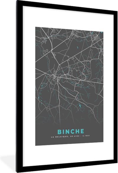 Fotolijst incl. Poster - Plattegrond – Binche – Blauw – Stadskaart - Kaart - België - 80x120 cm - Posterlijst