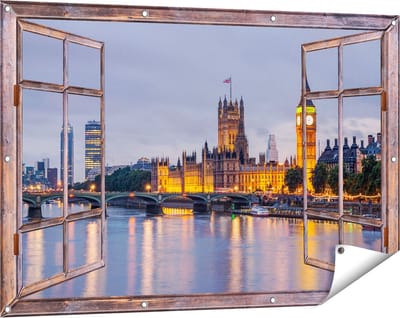 Gards Tuinposter Doorkijk London Big Ben en Westminster Brug - 120x80 cm - Tuindoek - Tuindecoratie - Wanddecoratie buiten - Tuinschilderij
