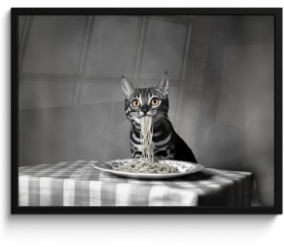 Poster in lijst - Fotolijst 70x50 cm - Posters - Bengaal - Kat - Tafelkleed - Zwart - Wit - Dier - Posterlijst zwart - Decoratie - Wanddecoratie woonkamer - Muurdecoratie slaapkamer
