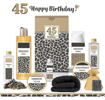 Geschenkset “45 Jaar Happy Birthday!” - 9 producten - 800 gram | Giftset voor haar - Cadeau Vrouw Vijfenveertig Jaar - Luxe wellness cadeaubox Gefeliciteerd -Gift Set Verjaardag Geschenk Pakket Party Cadeaupakket - Verjaardagscadeau Panter Zwart Goud