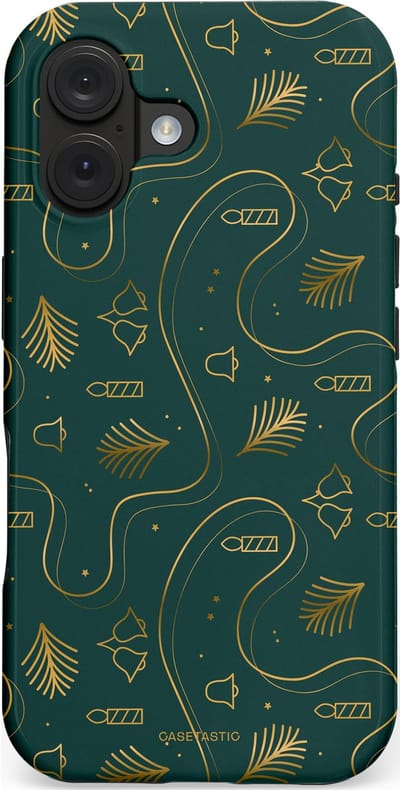 Casetastic hoesje geschikt voor Apple iPhone 16 - MagSafe - Dubbellaagse bescherming - Groene kerst bellen en takken - Fashion Case - Donkergroen Donkergrijs Petrol