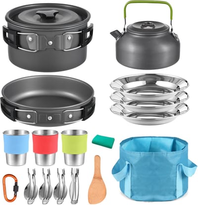 Camping Kookset 21-delig – Outdoor Kookgerei met Pan, Ketel, Servies & Bestek – Aluminium Pannenset voor 3 Personen – Opvouwbaar & Lichtgewicht