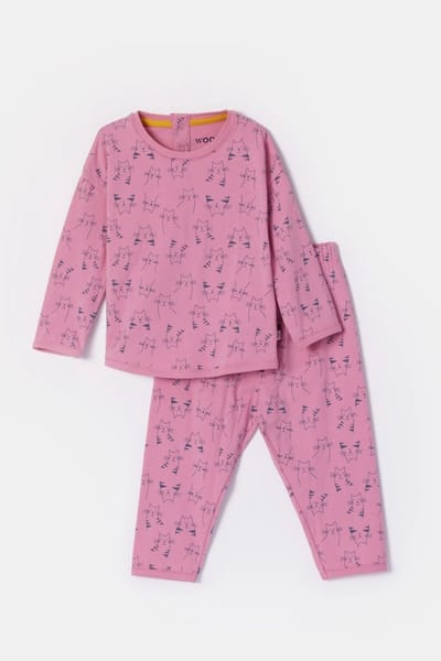 Woody pyjama baby meisjes - roze - katten all-overprint - 252-10-PZG-Z/923 - maat 62