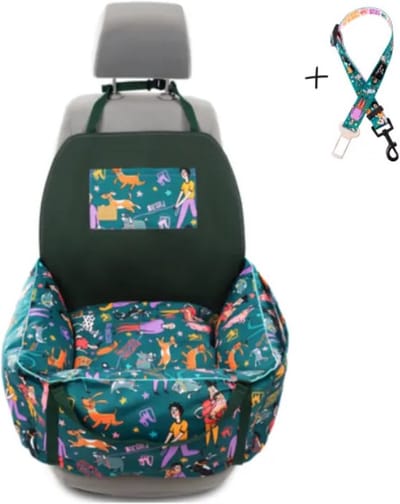 Teckel - teckelprint - hondenprint - automand - carseat - honden automand - honden carseat - autostoel hond - hondenautostoel - auto draagmand - groen - bruin - voor 1 of 2 honden