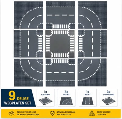 Hunta® Wegplaten Set 9 Stuks – 1 Kruising, 4 T-Splitsingen en 4 Bochten – Bouwplaten 32x32