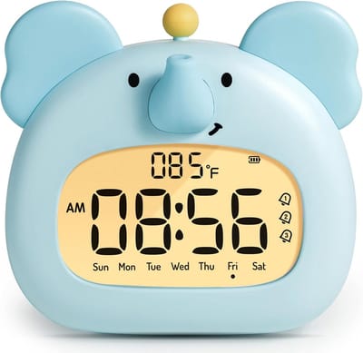 Olifantenwekker voor de kinderkamer, blauwe olifantenwekker met nachtlampje, dimfunctie, 3 alarmen, luid, timer, cadeau voor jongenswekker