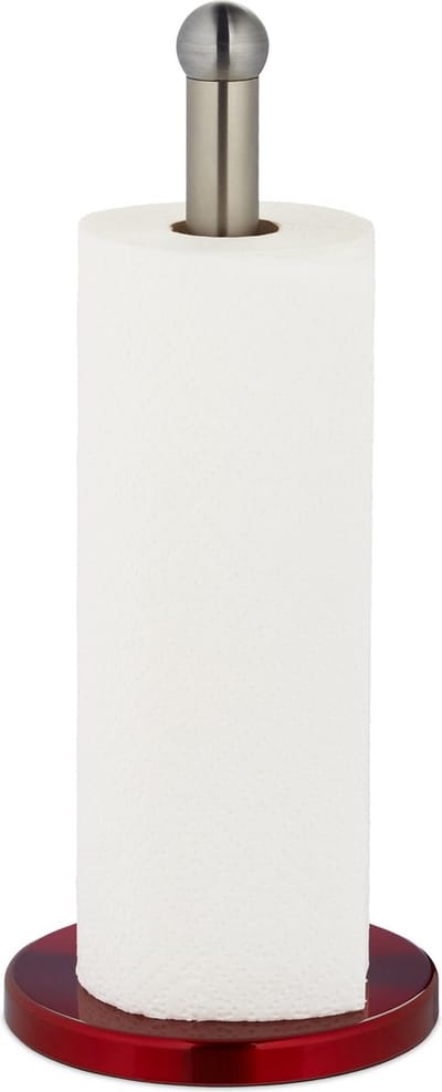 keukenrolhouder staand - Ø 35 x 15 cm - rvs - voor op aanrecht - zilver-rood