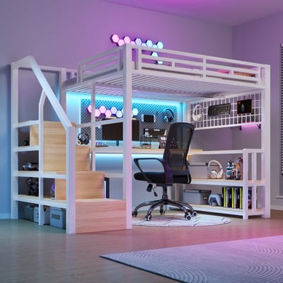 Hoogslaper, 140 x 200 cm, Ijzeren Frame, Opbergrek, Ophangrooster, LED-lichtbalk, Bureau, Trapconstructie met Opbergruimte, met 2 USB-poorten en 1 Type-C Stopcontact, Zonder Matras, Wit