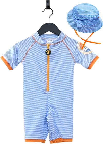 Ducksday – promo set zwempakje met bijpassend zomerhoedje – voor kinderen – UV-werend UPF50+ - True blue – maat 2 jaar