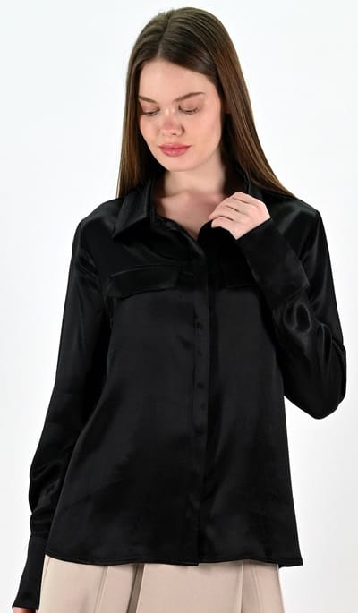 YesMooi -Zwarte Satijnen Blouse met Zakken - S (36)
