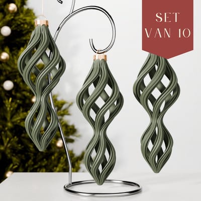 Fleuriek – Luxe Gedraaide Lange Kerstballen – Mat Groen, Set van 10 – Moderne Kerstornamenten – Onbreekbaar & Herbruikbaar – Trendy Kerstdecoratie voor de Boom