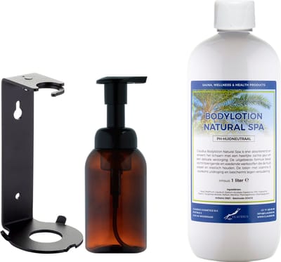 Zeepdispenser 300 ml amber bruin hervulbaar + 1 liter Bodylotion Natural Spa navulling (inclusief beugel)