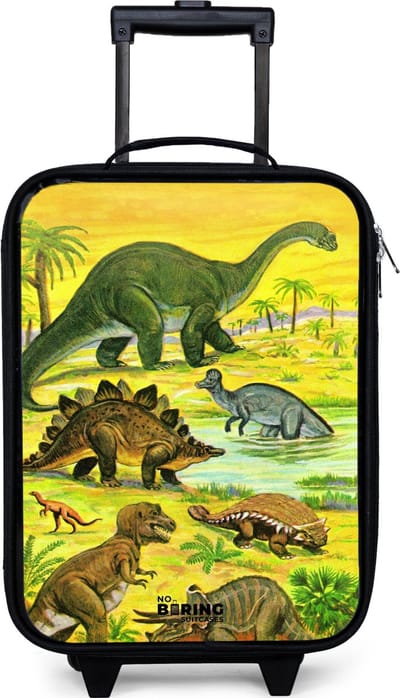 NoBoringSuitcases.com® - Kinderkoffer jongen - Kindertrolley meisje - Dino's bij het water - Koffer kind lichtgewicht - Reiskoffer trolley voor kinderen - Koffertje met lichtgevende wieltjes - Rolkoffer zwart