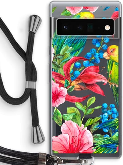 Case Company® - Hoesje met koord geschikt voor Google Pixel 6 Pro hoesje met Koord - Papegaaien - Telefoonhoesje met Zwart Koord - Bescherming aan alle Kanten en Over de Schermrand
