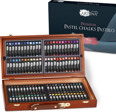 Artina Pastilo Pastelkrijt in Houten Koffer - Zachte Pastel Krijt Stiften 96 stuks - Fijne Pastelpotloden van Hoge Kwaliteit