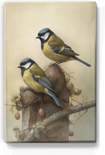 Twee koolmeesjes - Laqueprint - 19,5 x 30 cm - Niet van echt te onderscheiden handgelakt schilderijtje op hout - Mooier dan een print op canvas. - LP303
