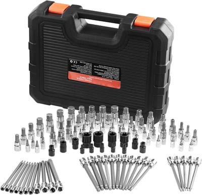 107-Delige Boor- en Doppenset, Zeskant/Torx/Externe Torx/Tamper-Proof/Extra Lang, Gemaakt van S2-Staallegering en Cr-V-Staal, 1/4-, 3/8- en 1/2-Inch Aandrijving
