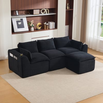MIVRAY Hoekbank 256 x 161 cm - Modulair Met Hocker, Kussens En Zijvakken - Voor Woonkamer - Corduroy Zwart