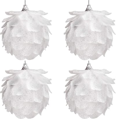 Unyqoos ® Kerstboomversiering dennenappels (4 stuks) - glitterdennenappels - kerstdecoratie zilver met draad - kerstboomversiering wit - kerstboomversiering, wit