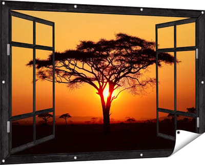 Gards Tuinposter Doorkijk Zonsondergang Achter een Savanne Boom - 150x100 cm - Tuindoek - Tuindecoratie - Wanddecoratie buiten - Tuinschilderij