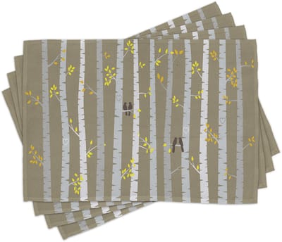 ABAKUHAUS Espe-placematten, berken-herfstbladeren-artistiek hout met liefdesvogel-bloemen-groei, seizoensdecoratie voor eetkamer en keuken van kleurvast stof, bleek-saliegroen